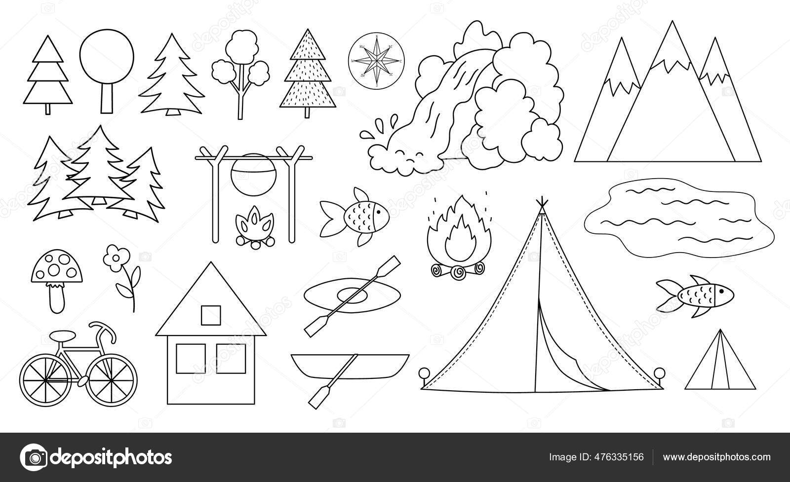 Vector summer camp cute kawaii stickers set. Camping, hiking, fishing  equipment patches collection. Outdoor nature tourism icons pack with  backpack, van, tent. Forest travel patches . Stock Vector
