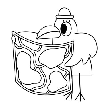 Vector black and white bird in hat looking at the map. Funny woodland animal. Cute forest outline illustration for kids isolated on white background. Comic raven or crow line ico vector Vector black and white bird in hat looking at the map. Funny woodland animal. Cute forest outline illustration for kids isolated on white background. Comic raven or crow line ico vector