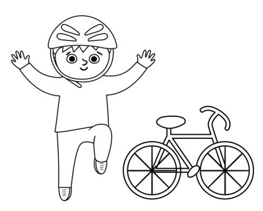 Cute black and white boy in helmet jumping with joy with hands up. Happy kid with bicycle. Vector summer camp outline illustration. Camping character with bike. Tourist line icon vector Cute black and white boy in helmet jumping with joy with hands up. Happy kid with bicycle. Vector summer camp outline illustration. Camping character with bike. Tourist line icon vector