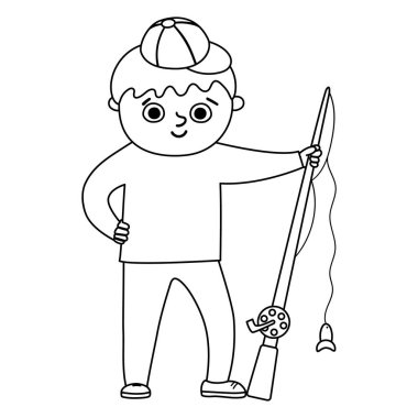 Cute black and white boy standing with rod. Happy kid ready for fishing. Vector summer camp illustration. Outline camping character. Woodland travel tourist line icon. Great for banners vector Cute black and white boy standing with rod. Happy kid ready for fishing. Vector summer camp illustration. Outline camping character. Woodland travel tourist line icon. Great for banners vector