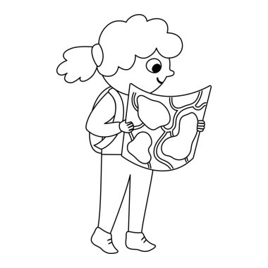 Cute black and white girl walking with backpack and map. Kid doing summer activity. Vector summer camp outline illustration. Camping character. Woodland travel tourist line icon vector Cute black and white girl walking with backpack and map. Kid doing summer activity. Vector summer camp outline illustration. Camping character. Woodland travel tourist line icon vector