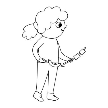 Cute black and white girl walking with marshmallow and sausage. Kid doing summer activity. Vector summer camp outline illustration. Camping character. Woodland travel tourist line icon. vector Cute black and white girl walking with marshmallow and sausage. Kid doing summer activity. Vector summer camp outline illustration. Camping character. Woodland travel tourist line icon. vector