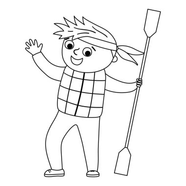 Cute black and white boy standing with paddle and hands up. Happy kid ready for rafting or kayaking. Vector summer camp outline illustration. Camping character. Woodland travel tourist line icon vector Cute black and white boy standing with paddle and hands up. Happy kid ready for rafting or kayaking. Vector summer camp outline illustration. Camping character. Woodland travel tourist line icon vector