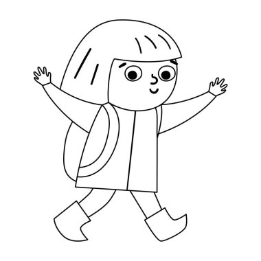 Cute black and white girl walking with backpack and hands up. Happy walking kid. Vector summer camp outline illustration. Camping character doing summer activity. Travel tourist line icon vector Cute black and white girl walking with backpack and hands up. Happy walking kid. Vector summer camp outline illustration. Camping character doing summer activity. Travel tourist line icon vector