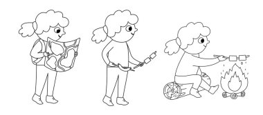 Black and white girl doing summer activities. Cute outline kid walking with map and sitting in front of the fire with marshmallow and sausage. Vector summer camp set. Camping character ico vector Black and white girl doing summer activities. Cute outline kid walking with map and sitting in front of the fire with marshmallow and sausage. Vector summer camp set. Camping character ico vector