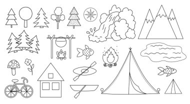 Vector black and white summer camp set. Forest, woodland, nature elements collection. Outdoor active tourism and sport outline icons pack with trees, waterfall, boats, bike, campfire, tent, mountains. vector Vector black and white summer camp set. Forest, woodland, nature elements collection. Outdoor active tourism and sport outline icons pack with trees, waterfall, boats, bike, campfire, tent, mountains. vector