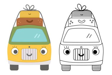 Vector tourist van with suitcases on top colored and black and white illustration. Cute kawaii camper with eyes and mouth. Journey vehicle concept. Funny truck icon with bags. Cute coloring pag vector Vector tourist van with suitcases on top colored and black and white illustration. Cute kawaii camper with eyes and mouth. Journey vehicle concept. Funny truck icon with bags. Cute coloring pag vector