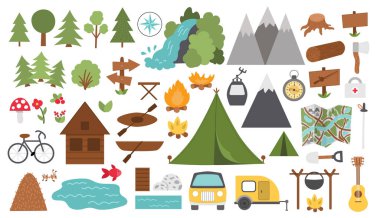 Vector black and white summer camp set. Forest, woodland, nature elements collection. Outdoor active tourism and sport outline icons pack with trees, waterfall, boats, bike, campfire, tent, mountains. vector Vector black and white summer camp set. Forest, woodland, nature elements collection. Outdoor active tourism and sport outline icons pack with trees, waterfall, boats, bike, campfire, tent, mountains. vector