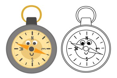 Vector kawaii compass colored and black and white illustration. Camping or hiking equipment picture for kids. Orienteering device for forest tourism or travelling. Cute coloring pag vector Vector kawaii compass colored and black and white illustration. Camping or hiking equipment picture for kids. Orienteering device for forest tourism or travelling. Cute coloring pag vector