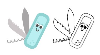Vector kawaii folding knife colored and black and white illustration. Portable cutting equipment icon. Clasp device for active outdoor tourism. Corkscrew picture. Cute coloring pag vector Vector kawaii folding knife colored and black and white illustration. Portable cutting equipment icon. Clasp device for active outdoor tourism. Corkscrew picture. Cute coloring pag vector