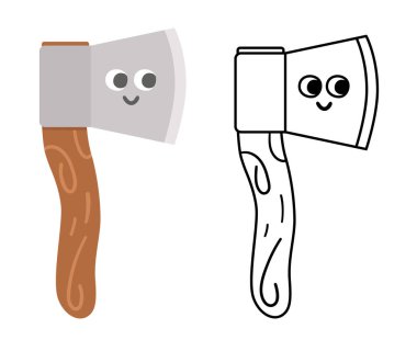Vector kawaii axe colored and black and white illustration Camping or hiking equipment icon isolated on white background for kids. Hack tool for forest or woods tourism or travelling. Cute coloring pag vector Vector kawaii axe colored and black and white illustration Camping or hiking equipment icon isolated on white background for kids. Hack tool for forest or woods tourism or travelling. Cute coloring pag vector