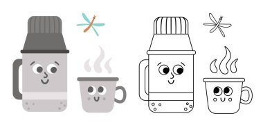 Vector kawaii thermos bottle and cup colored and black and white illustration. Winter or camping traditional warming drink. Hiking hot beverage or tea flask icon. Cute coloring page vector