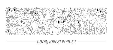 Vector black and white horizontal set with cute comic forest animals and elements. Outline card template with woodland characters, birds, insects. Funny summer active nature trip border vector Vector black and white horizontal set with cute comic forest animals and elements. Outline card template with woodland characters, birds, insects. Funny summer active nature trip border vector