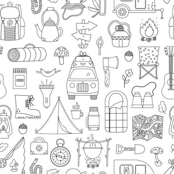 Vector Black White Summer Camp Seamless Pattern Camping Hiking Fishing — Stock Vector