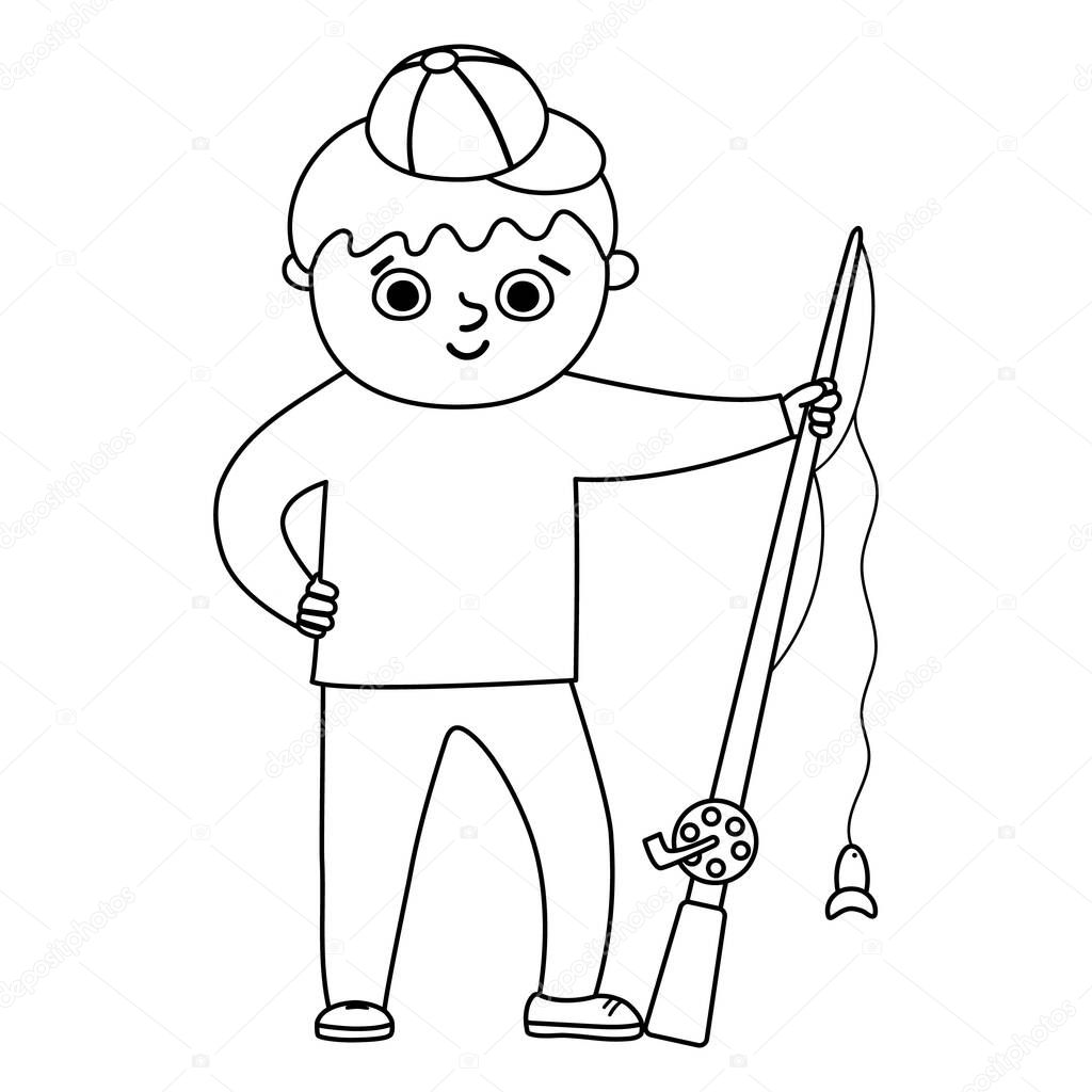 Cute black and white boy standing with rod. Happy kid ready for fishing. Vector summer camp illustration. Outline camping character. Woodland travel tourist line icon. Great for banners