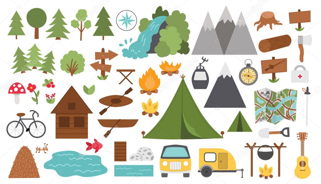 Vector black and white summer camp set. Forest, woodland, nature elements collection. Outdoor active tourism and sport outline icons pack with trees, waterfall, boats, bike, campfire, tent, mountains.