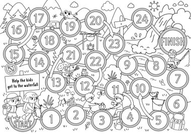 Summer black and white camp dice board game for children with cute animals, kids. Active holidays outline boardgame with hiking children going to waterfall. Family road trip activity or coloring pag vector Summer black and white camp dice board game for children with cute animals, kids. Active holidays outline boardgame with hiking children going to waterfall. Family road trip activity or coloring pag vector