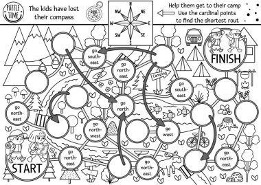 Black and white summer camp dice board game for children with map, compass points. Active holidays outline boardgame with hiking children going to camp. Family road trip activity or coloring pag vector Black and white summer camp dice board game for children with map, compass points. Active holidays outline boardgame with hiking children going to camp. Family road trip activity or coloring pag vector