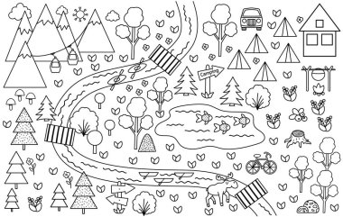 Black and white camping map. Summer camp background. Vector nature clip art, infographic outline elements or coloring page with mountains, forest, river, bike, cable car. Hiking or campfire plan. vector