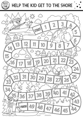 Black and white summer camp dice board game for children with cute rafting kid. Active holidays outline boardgame with boy on boat swimming to the shore. Family road trip activity or coloring pag vector Black and white summer camp dice board game for children with cute rafting kid. Active holidays outline boardgame with boy on boat swimming to the shore. Family road trip activity or coloring pag vector
