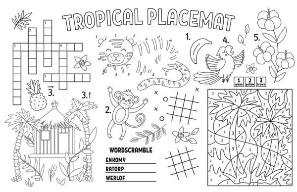 Vector Tropical Placemat Kids Exotic Summer Printable Activity Mat Crossword — Stock Vector