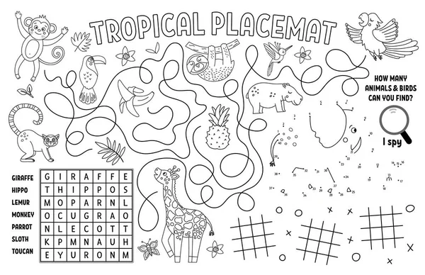 Vector Tropical Placemat Kids Exotic Summer Printable Activity Mat Wordsearch — Stock Vector