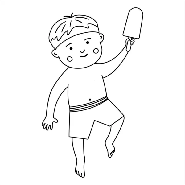 水泳パンツのベクトル黒と白の子供 概要ビーチ活動を行う子供 アイスクリームとかわいいラインの男の子 楽しい夏のイラストやぬり絵 — ストックベクタ