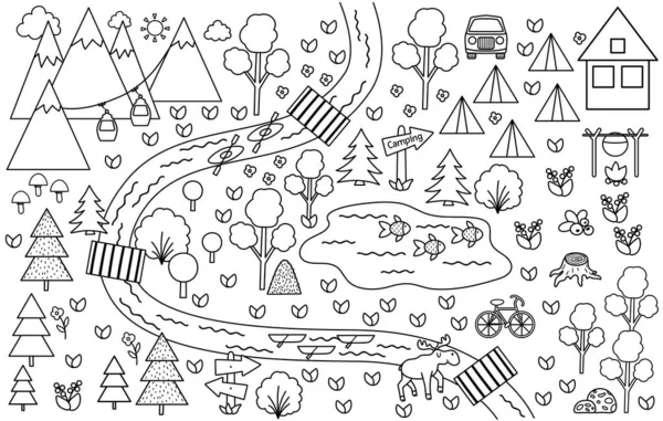 Черно Белая Карта Кемпинга Летний Лагерь Векторный Клип Природы Элементы — стоковый вектор