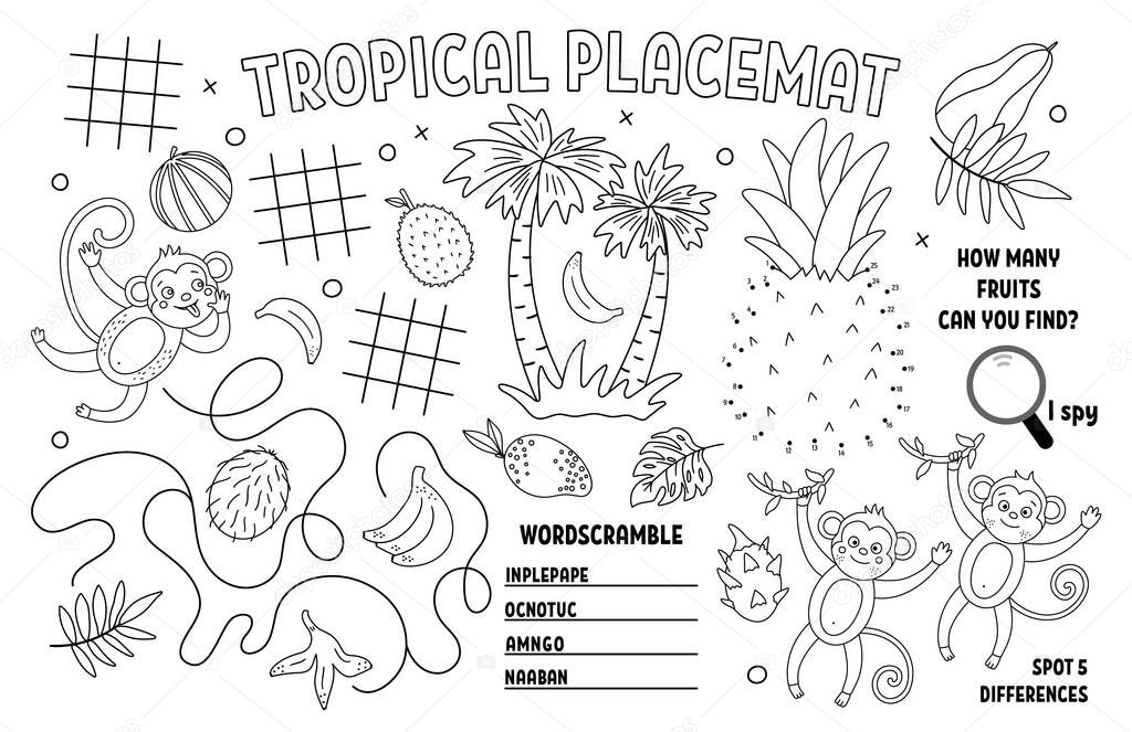 Vector tropical placemat for kids. Exotic summer printable activity mat with difference searching, dot-to-dot, maze. Black and white play mat or coloring page with cute jungle animals, monkey, banana.