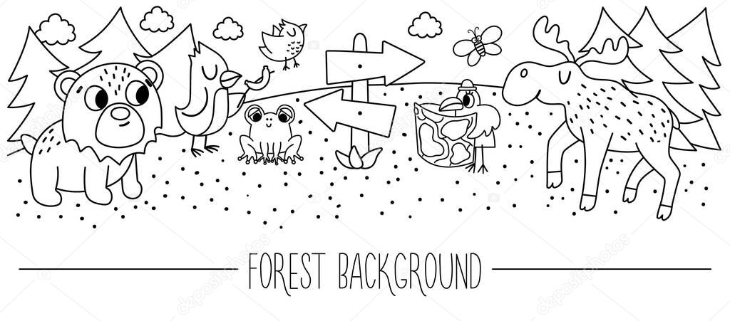 Vector black and white horizontal border forest background. Cute outline card with comic adorable animals in the woods. Adventure road trip print template. Active local tourism line bookmar