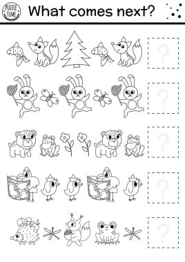 What comes next. Forest black and white matching activity with woodland animals. Funny outline puzzle. Logical worksheet. Continue the row coloring page with rabbit, bear, fro vector