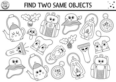 Aynı iki objeyi bul. Çocuklar için siyah-beyaz eşleşme kampı. Çalışma çizelgesi ya da Kawaii sırt çantası, pusula ve fenerle boyama sayfası. Basit yazdırılabilir yaz kampı oyunu