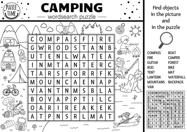 Vetor Preto Branco Camping Quebra Cabeça Wordsearch Floresta Simples Acampamento — Vetor de Stock