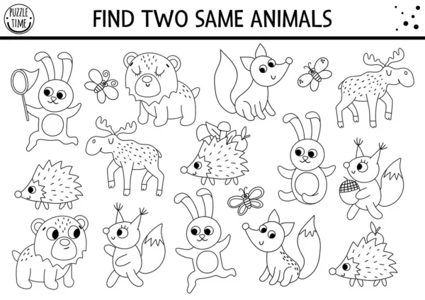 Find Two Same Animals Forest Black White Matching Activity Funny — Stock Vector