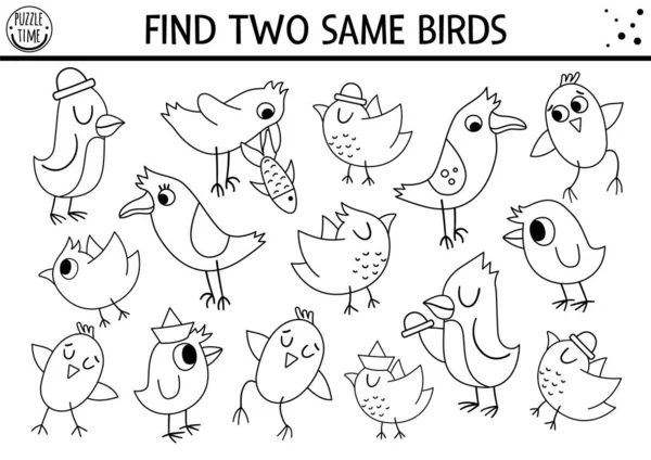 Zoek Twee Dezelfde Vogels Woud Zwart Wit Bijpassende Activiteit Kleurplaat — Stockvector