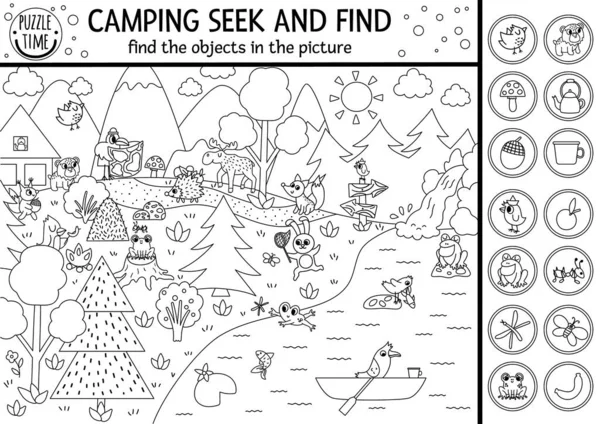 Vector Camping Blanco Negro Página Para Colorear Con Animales Lindos — Vector de stock