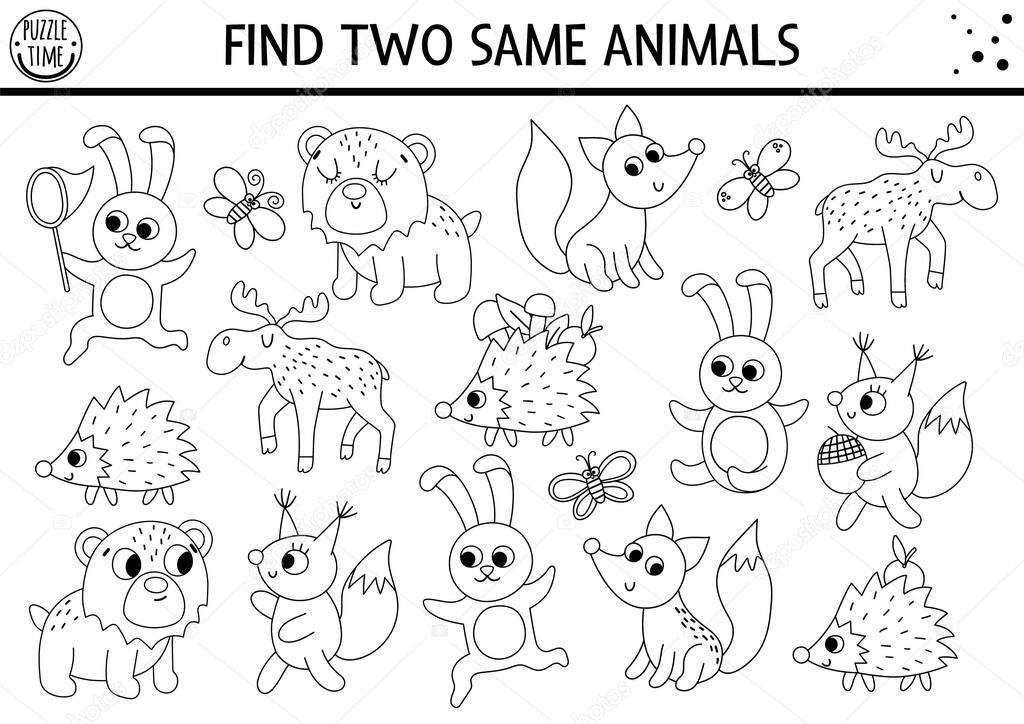 Find two same animals. Forest black and white matching activity. Funny woodland educational outline quiz worksheet or coloring page for kids. Simple printable game with bear, squirrel, rabbit, fo