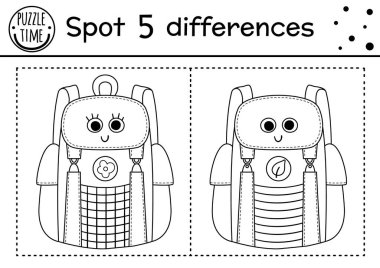 Camping find differences game for children. Black and white educational activity and coloring page with cute smiling kawaii backpack. Summer camp or road trip printable worksheet with funny bag. vector Camping find differences game for children. Black and white educational activity and coloring page with cute smiling kawaii backpack. Summer camp or road trip printable worksheet with funny bag. vector