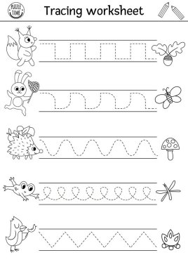 Vector forest handwriting practice worksheet. Summer woodland printable black and white activity for children. Educational tracing game for writing skills with cute animal
