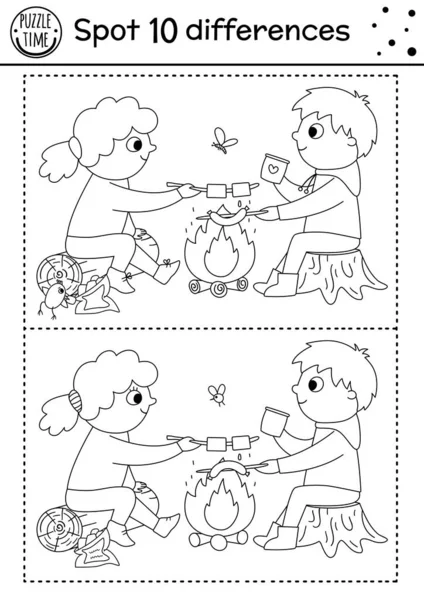Camping Find Differences Game Children Black White Educational Activity Coloring — Archivo Imágenes Vectoriales