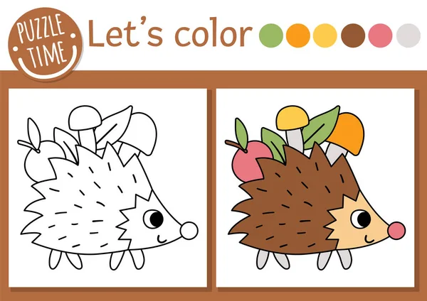 Χρωματισμός Σελίδα Δάσος Για Παιδιά Αστείος Σκαντζόχοιρος Κουβαλάει Μήλο Και — Διανυσματικό Αρχείο