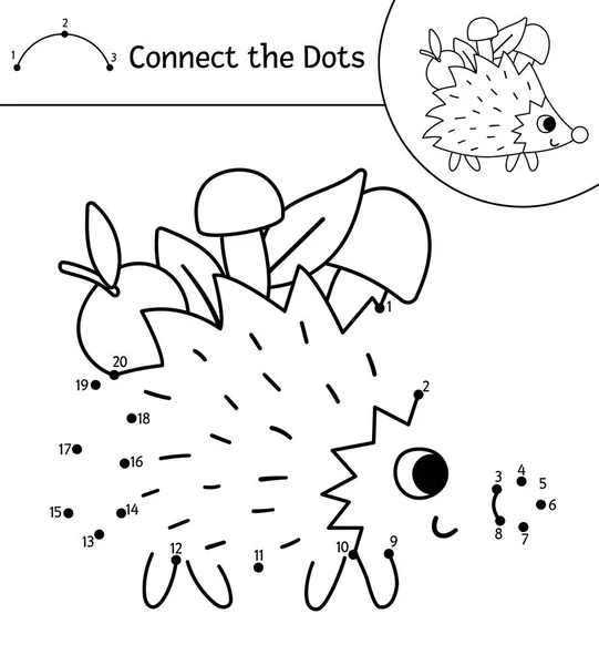 Vector Forest Dot Dot Color Activity Cute Hedgehog Carrying Mushrooms —  Vetores de Stock