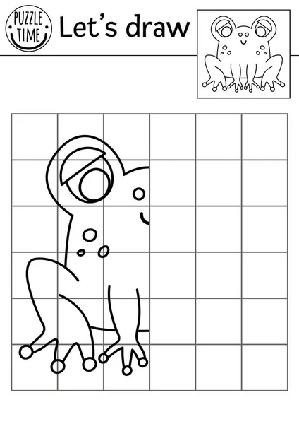 完成青蛙的图片 病媒森林绘图作业表 为有动物的学龄前儿童提供可打印的黑白活动 复制图片花园林地为孩子主题的游戏 — 图库矢量图片