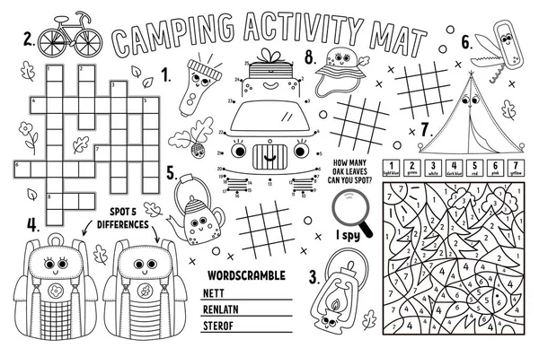 Vector Camping Placemat Zomervakantie Afdrukbare Activiteitenmat Met Doolhof Tic Tac — Stockvector