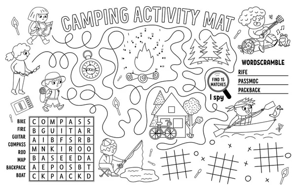 Vector camping placemat. Summer camp holidays printable activity mat with maze, tic tac toe charts, connect the dots, wordsearch. Black and white play mat or coloring page with cute kid