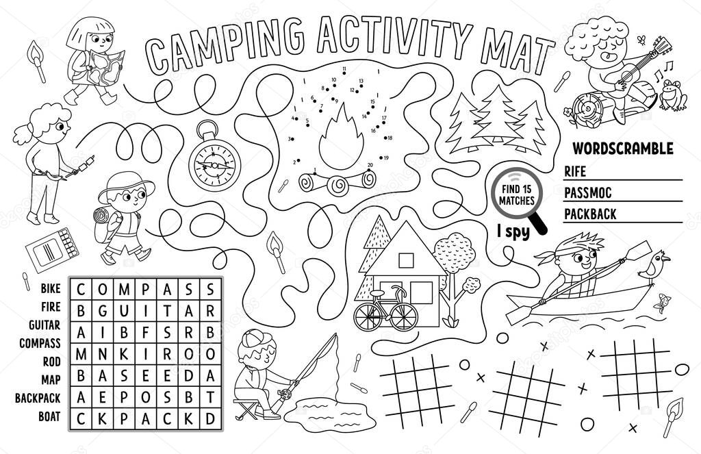 Vector camping placemat. Summer camp holidays printable activity mat with maze, tic tac toe charts, connect the dots, wordsearch. Black and white play mat or coloring page with cute kid