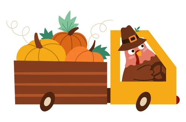 Vector Thanksgiving Turkey Pilgrim Hat Driving Car Pumpkins Autumn Bird — Stock Vector