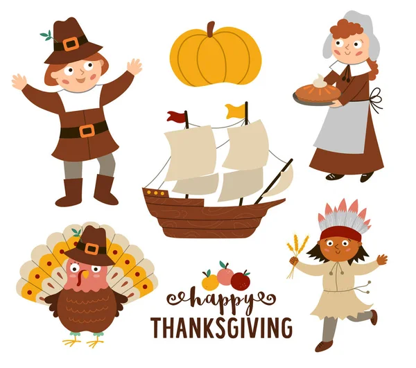 Thanksgiving Day Characters Set Vector Autumn Icons Collection Pilgrims Native — Stock Vector