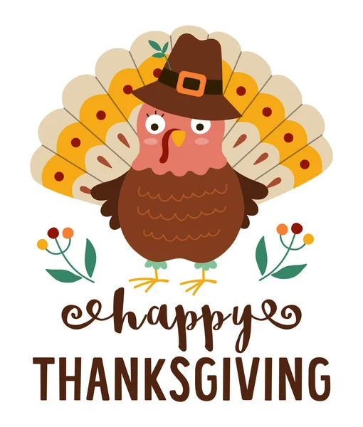 Thanksgiving Day Card Banner Cute Turkey Pilgrim Hat Berries Vector — Stock Vector