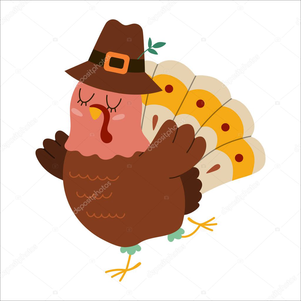 Vector Thanksgiving turkey in pilgrim hat. Autumn bird icon. Fall holiday dancing animal with closed eyes isolated on white background